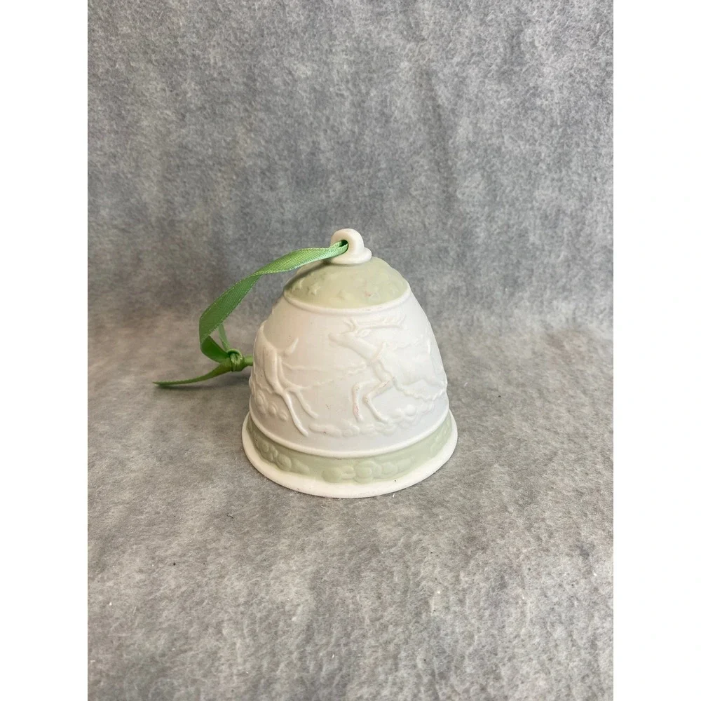 1988 Lladro Christmas Bell Ornament White Porcelain Green Ribbon Reindeer Sleigh